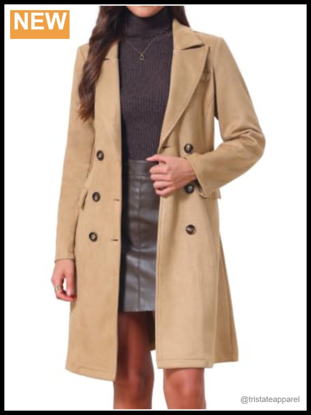 Faux Suede Trench Coat Notched Lapel Double-Breasted Long Overcoat Winter